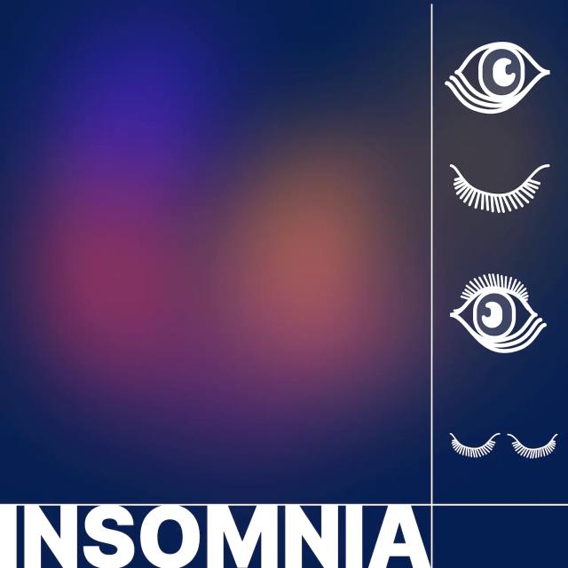 Plakat z światłami w tle, napisem Insomnia oraz zamkniętymi i otwartymi rysunkami oczu